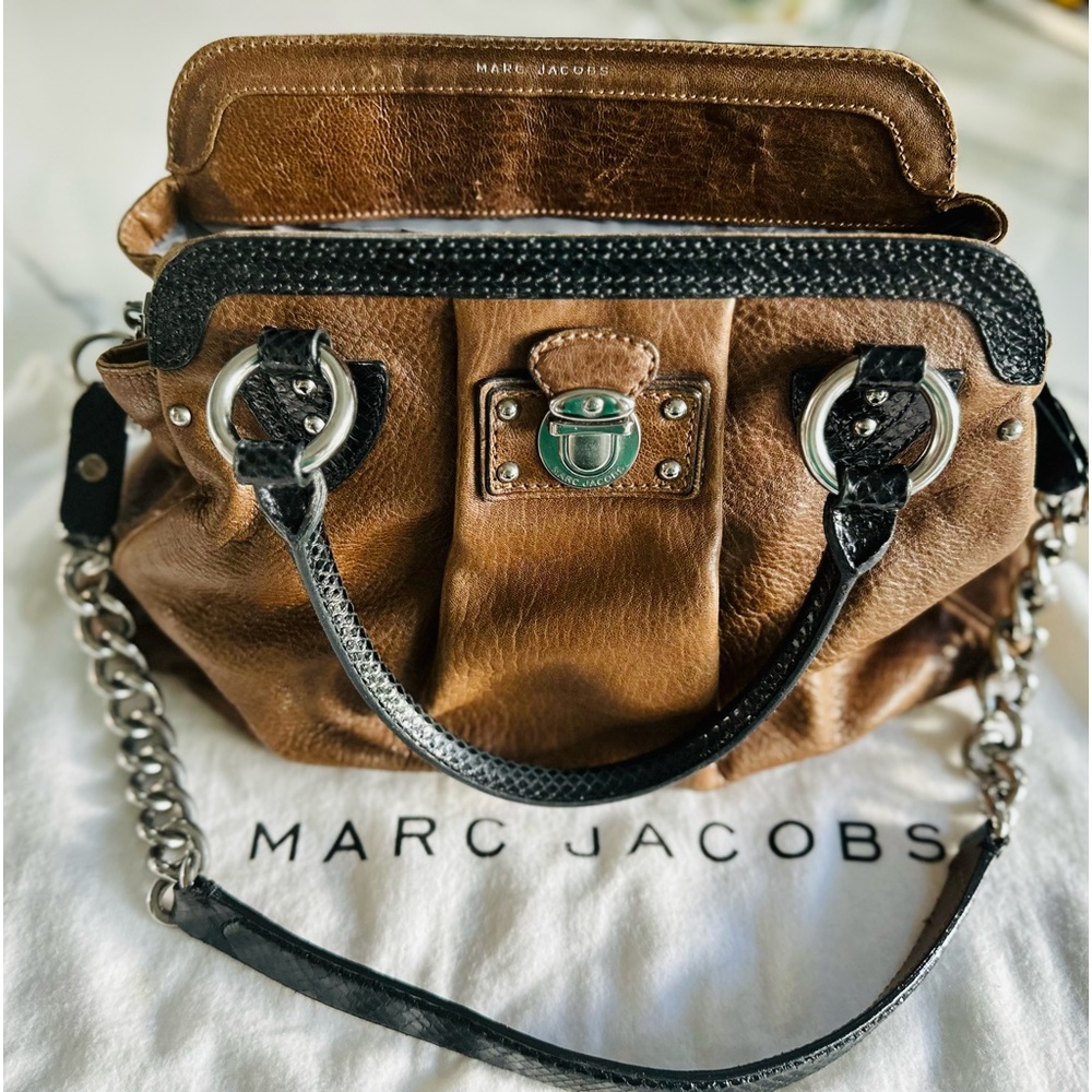 Marc Jacobs brown/black leather satchel bag 3 compartments removable chain strap